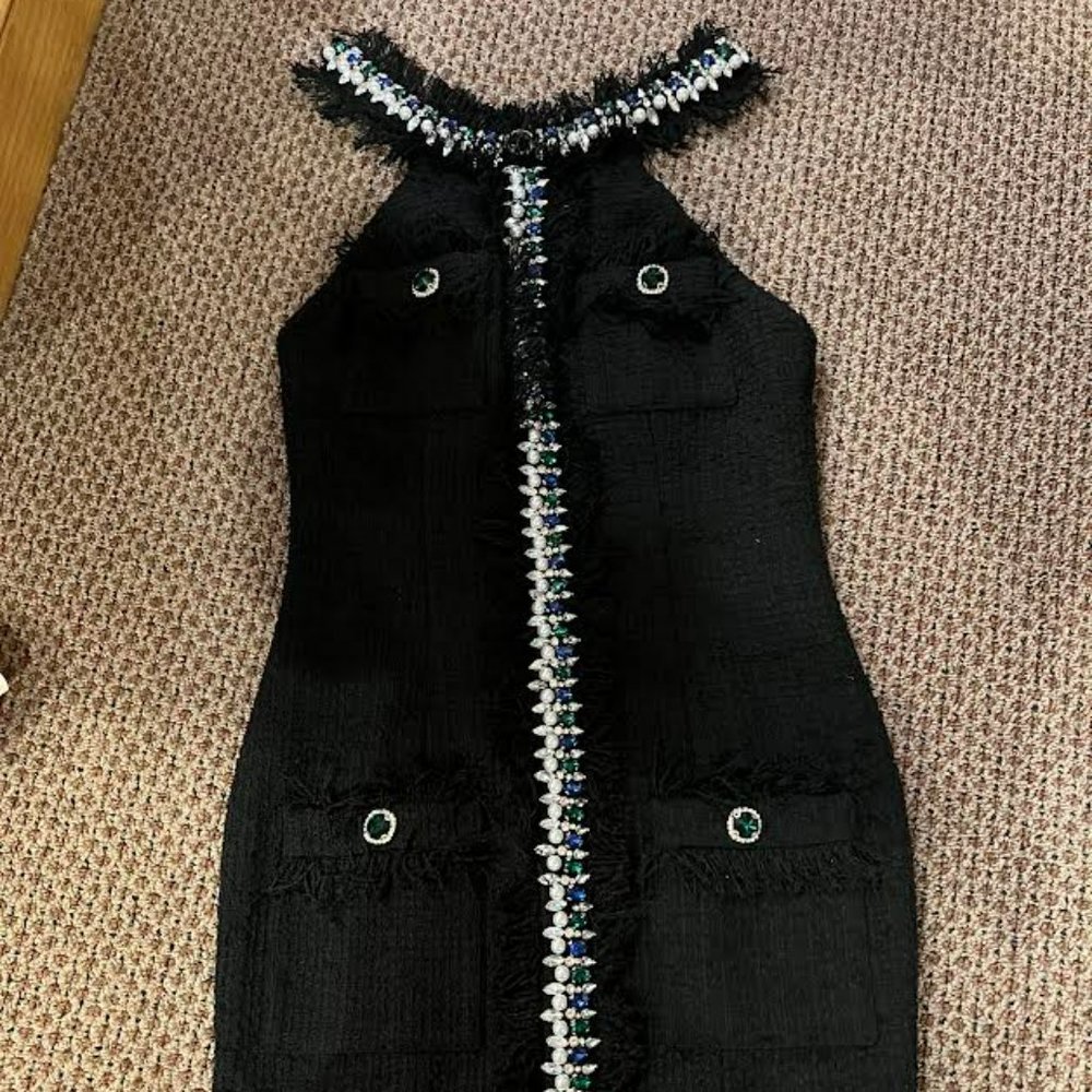 Black Tweed Embellished Halter Dress